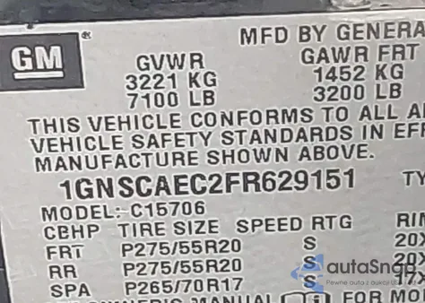 2015 Chevrolet Tahoe Ls z USA, uszkodzony, nr VIN 1GNSCAEC2FR629151